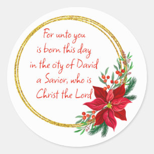 Christmas Scripture Luke 2:11 Pointsettia Classic Round Sticker