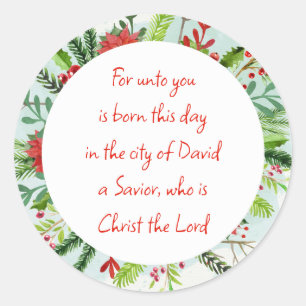 Christmas Scripture Luke 2:11 Watercolor Floral Ar Classic Round Sticker