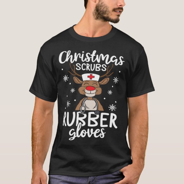 Christmas Scrubs Rubber Gloves  Nursing Christmas T-Shirt (Front)