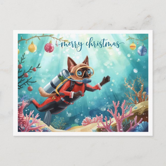 Christmas Scuba Siamese Cat Under Holiday Postcard (Front)