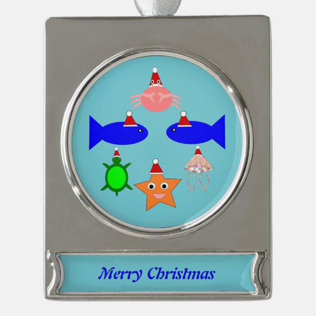 Christmas Sea Creatures Personalised Silver Plated Banner Ornament (Front)
