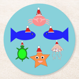 Christmas Sea Creatures Round Paper Coaster
