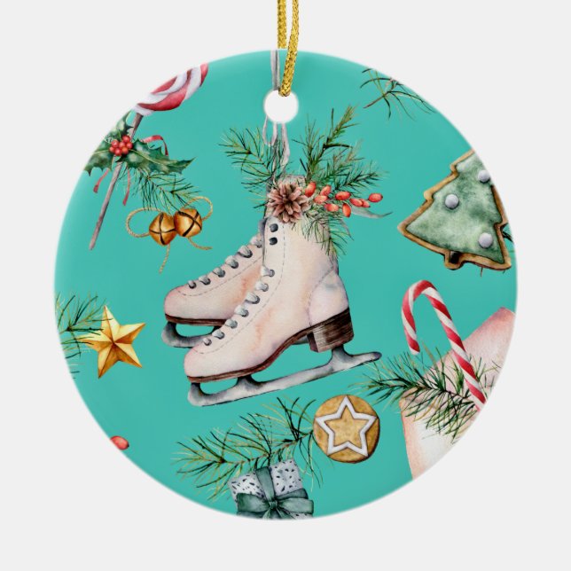 Christmas Sea Green Cookies Pines Skate Ornament (Front)