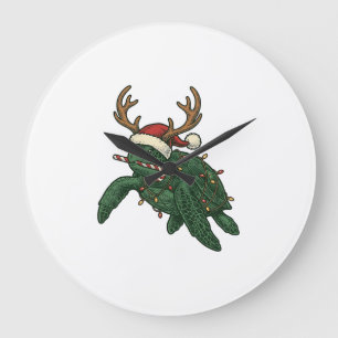 Christmas Sea Turtle Reindeer Vintage Engraving De Large Clock