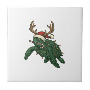 Christmas Sea Turtle Reindeer Vintage Engraving De Tile