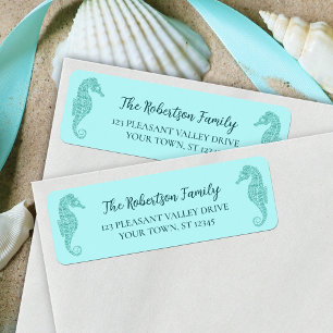 Christmas Seahorses Aqua Glitter Return Address