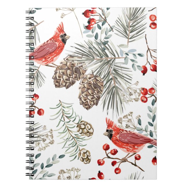 Christmas seamless pattern, cardinal birds, red be notebook (Front)