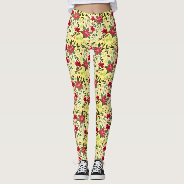 Christmas Seamless Pattern with Red Flowers Leggings (Front)