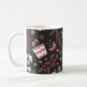 Christmas seamless pattern with tree, snow, gift coffee mug