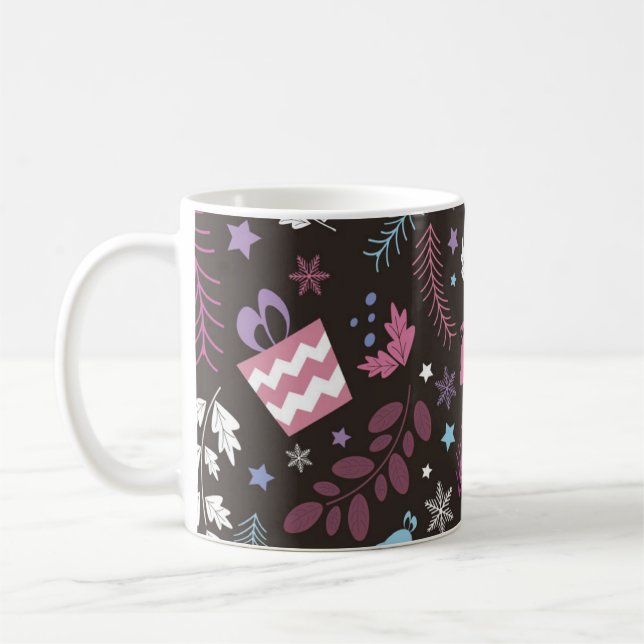 Christmas seamless pattern with tree,  snow,  gift coffee mug (Left)