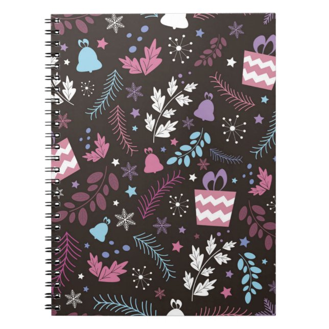 Christmas seamless pattern with tree,  snow,  gift notebook (Front)