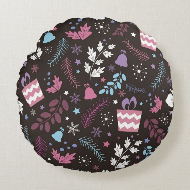 Christmas seamless pattern with tree,  snow,  gift round cushion (Front)