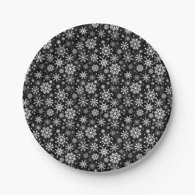 Christmas seamless snowflakes black pattern paper plate (Front)