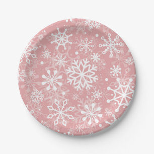 Christmas seamless snowflakes pink pattern paper plate