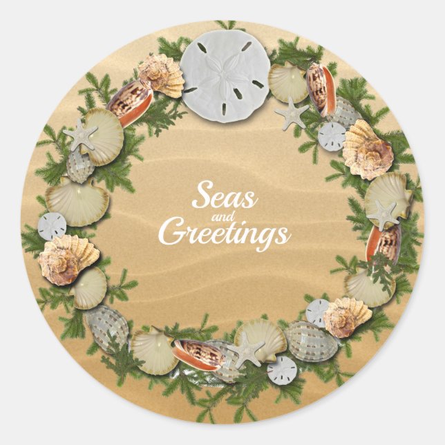 Christmas Seas & Greetings Starfish Seashells Classic Round Sticker (Front)