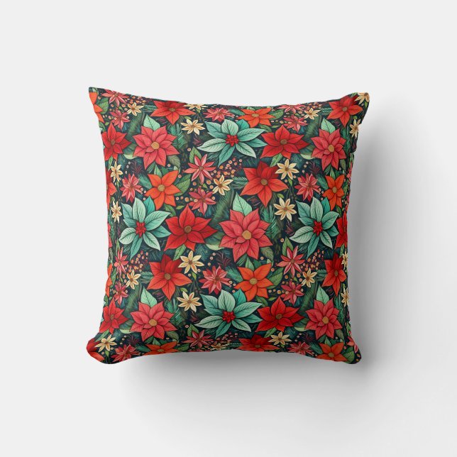 Christmas Season Boho Poinsettia Design Cushion (Front)