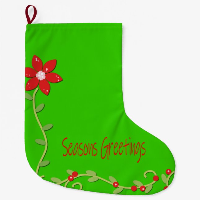 Christmas Seasons' Greetings Green Poinsettia  Large Christmas Stocking (Front)