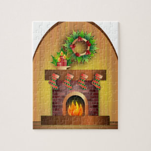 Christmas Seasons Greetings Stockings Fireplace Jigsaw Puzzle