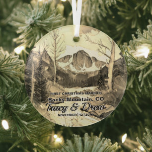 Christmas Sepia Rocky Mountain Colorado Married Glass Tree Decoration