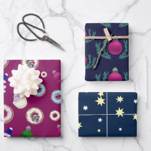 Christmas set Snowmen, Christmas balls, Doughnuts Wrapping Paper Sheet