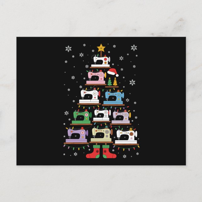 Christmas Sewing Machine Tree Lights Stockings Holiday Postcard (Front)