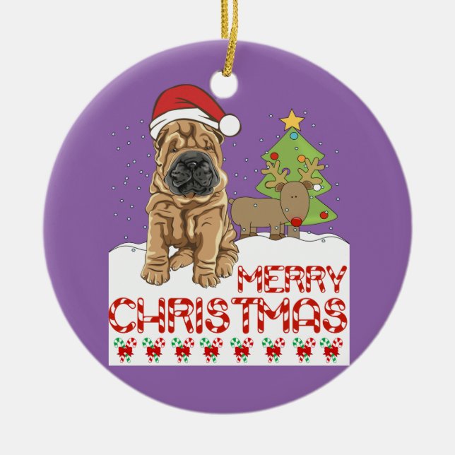 Christmas Shar Pei Ceramic Tree Decoration (Front)