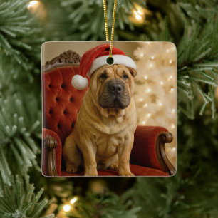 Christmas Shar-Pei Dog With Santa Hat Ceramic Ornament