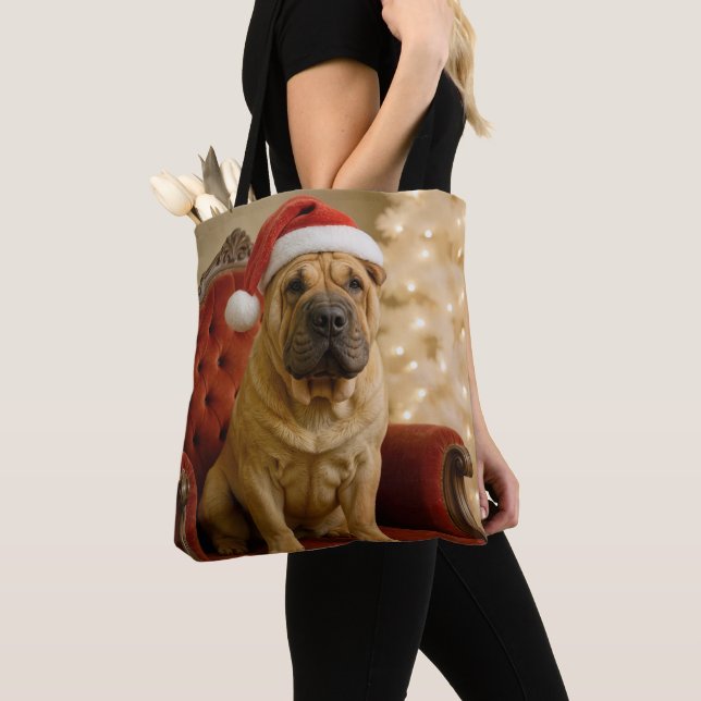 Christmas Shar-Pei Dog With Santa Hat Tote Bag (Close Up)