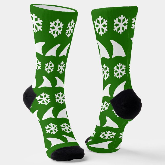 Christmas Shark Fins and Snowflakes Festive Green Socks (Angled)