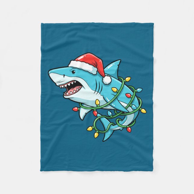 Christmas Shark Santa Hat Wrapped In Lights Funny  Fleece Blanket (Front)