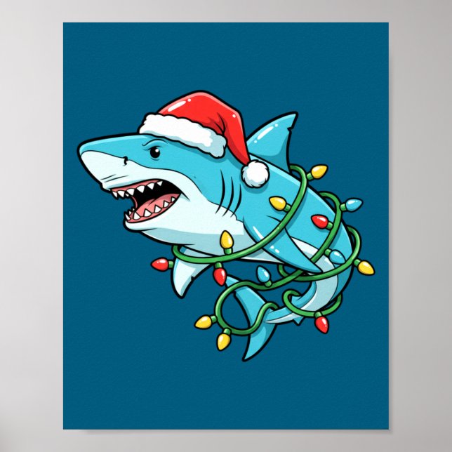 Christmas Shark Santa Hat Wrapped In Lights Funny  Poster (Front)