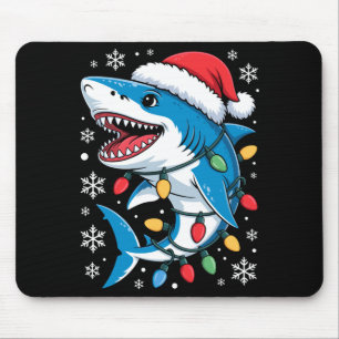 Christmas Shark Santa Hat Wrapped Lights Holiday S Mouse Pad