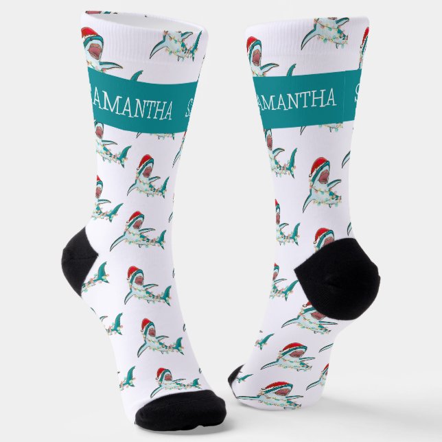 Christmas Shark Santa Jaws Personalised name Socks (Angled)