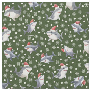 Christmas Sharks & Snowflakes on Dark Green Fabric