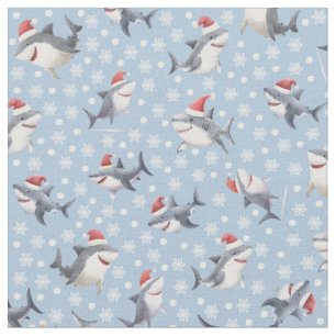 Christmas Sharks & Snowflakes on Light Blue Fabric