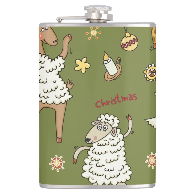 Christmas Sheep: Animal Vintage Illustration. Hip Flask (Front)