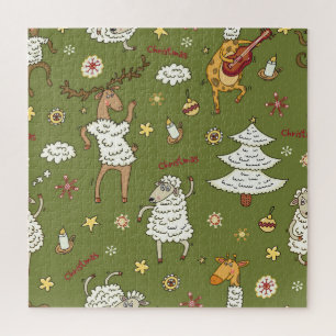 Christmas Sheep: Animal Vintage Illustration. Jigsaw Puzzle