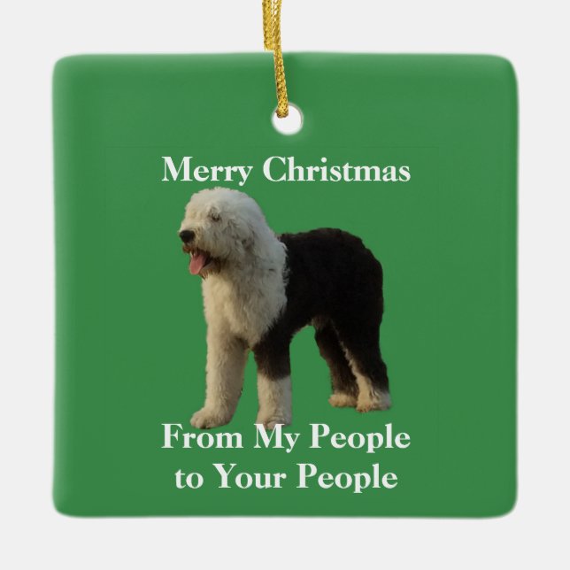 Christmas Sheepdog with Holiday Message Ceramic Tree Decoration (Front)