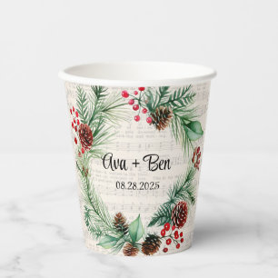 Christmas Sheet Music Red Berry Wreath Wedding  Paper Cups
