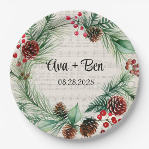 Christmas Sheet Music Red Berry Wreath Wedding  Paper Plate