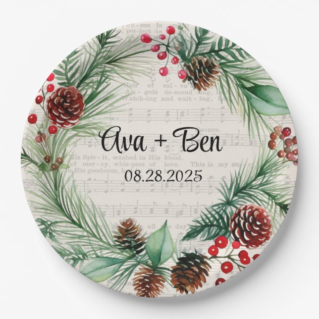 Christmas Sheet Music Red Berry Wreath Wedding  Paper Plate (Front)