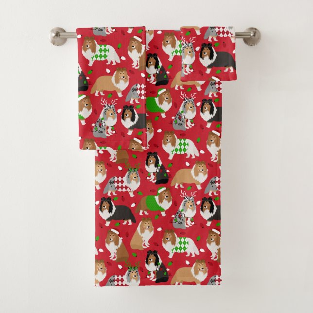 Christmas Sheltie Shetland Sheepdog Bath Towel Set (Insitu)