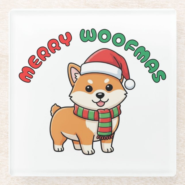 Christmas Shiba Inu Coaster: Merry Woofmas Glass Coaster (Front)