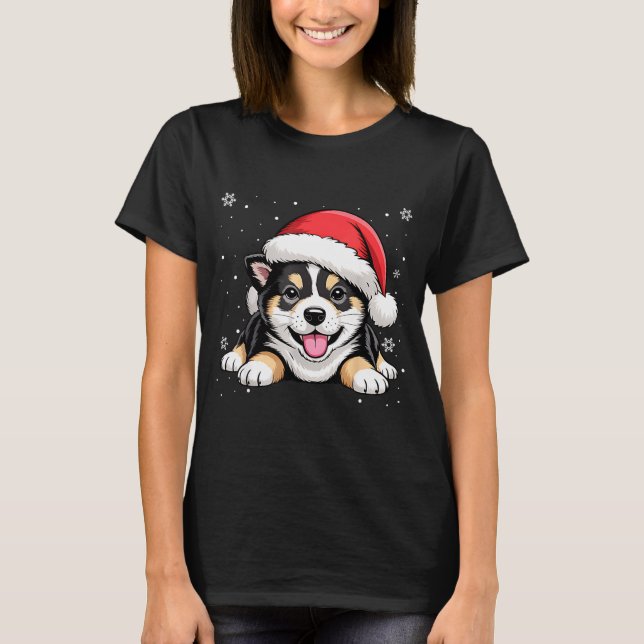 Christmas Shiba Inu Dog Wearing Santa Hat Pet Anim T-Shirt (Front)