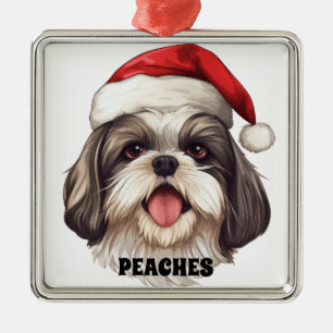 CHRISTMAS SHIH TZU DOG WITH SANTA HAT METAL TREE DECORATION