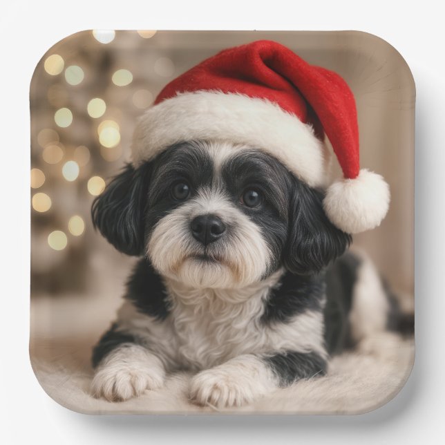 Christmas Shih Tzu Dog With Santa Hat Paper Plate (Front)