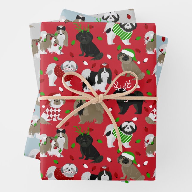 Christmas Shih Tzu Dogs Wrapping Paper Sheet (In situ)