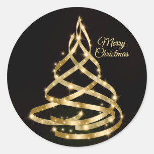 Christmas Shiny Golden Ribbon Tree Sparkle Black Classic Round Sticker