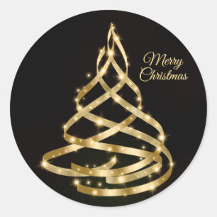 Christmas Shiny Golden Ribbon Tree Sparkle Black Classic Round Sticker