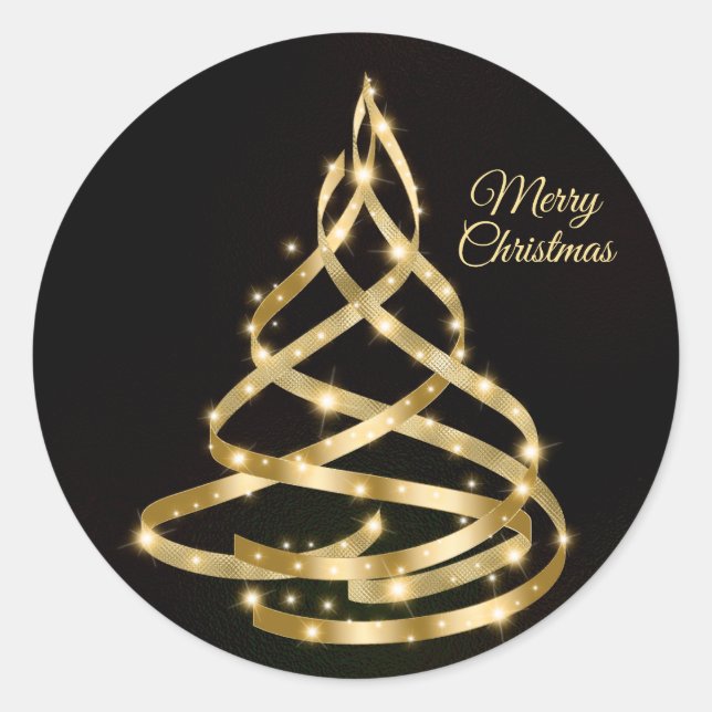 Christmas Shiny Golden Ribbon Tree Sparkle Black Classic Round Sticker (Front)